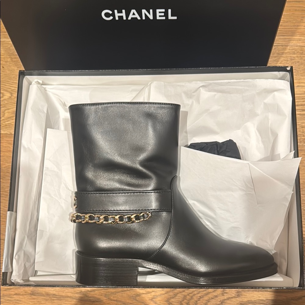 Chanel Black Leather Booties with Gold Chain - Picture 3 of 5